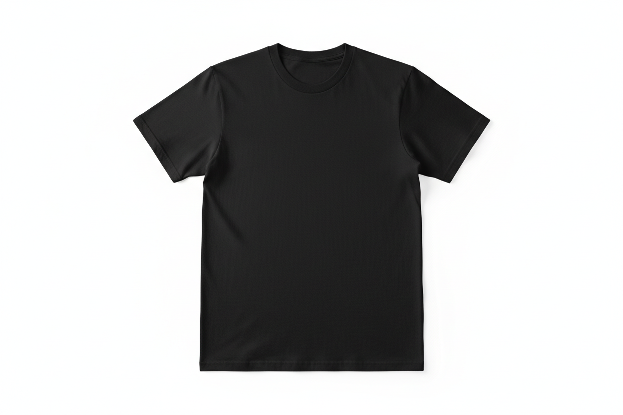 A plain black t-shirt on a white background