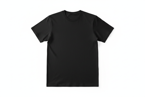 A plain black t-shirt on a white background